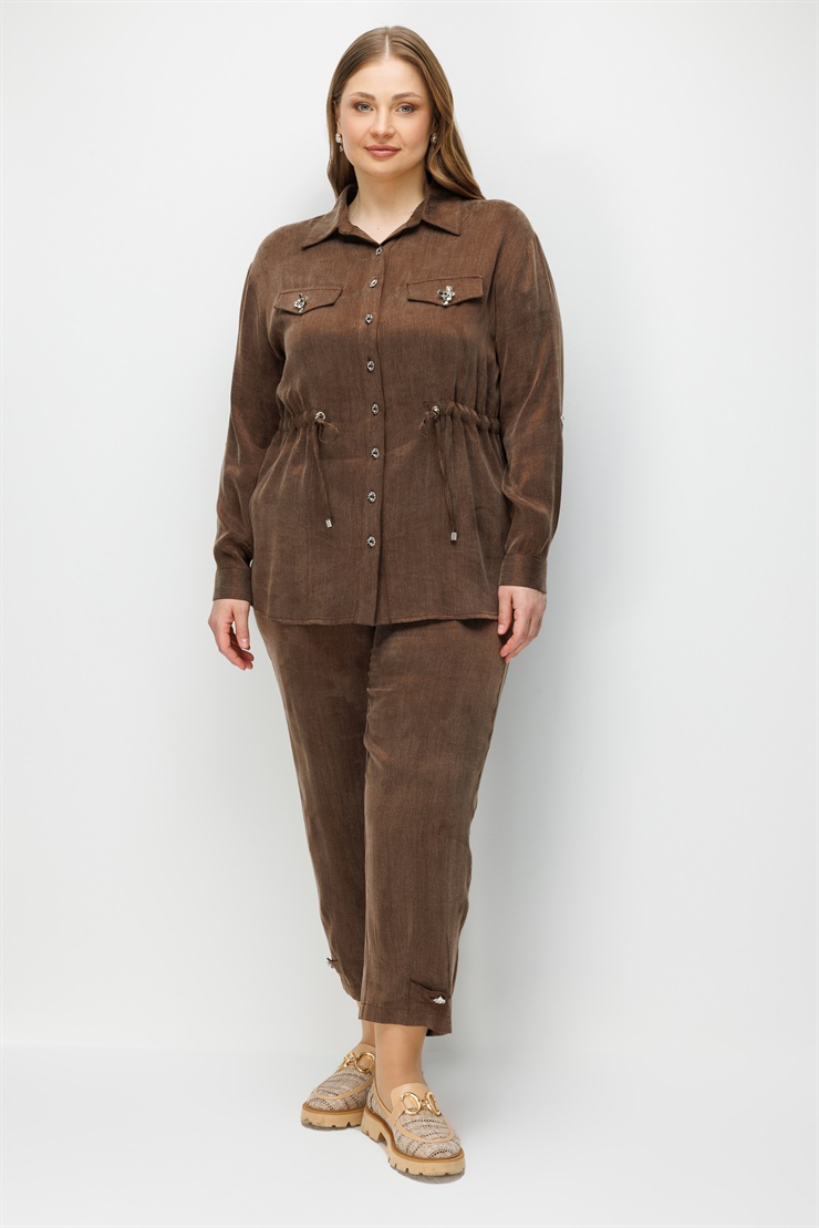 Modailgi  Cep Kapaklı Beli Büzgülü Kupra Kumaş Gömlek Kahve
