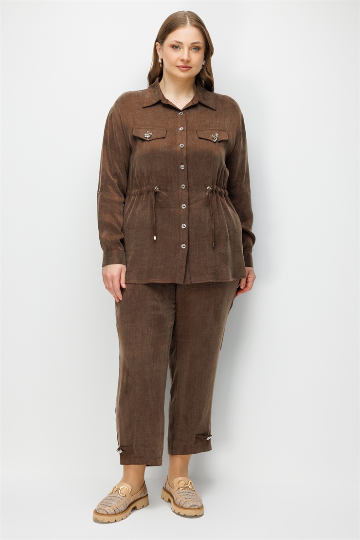 Modailgi  Cep Kapaklı Beli Büzgülü Kupra Kumaş Gömlek Kahve
