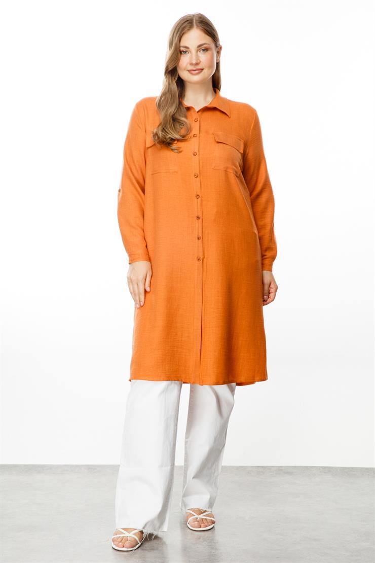 Modailgi  Cep Kapaklı Keten Tunik Tarçın