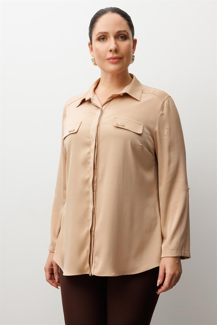 Modailgi  Cep Kapaklı Kolları Apoletli Saten Gömlek Camel
