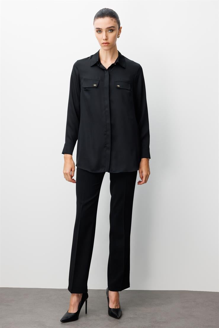 Modailgi  Cep Kapaklı Kolları Apoletli Saten Gömlek Siyah