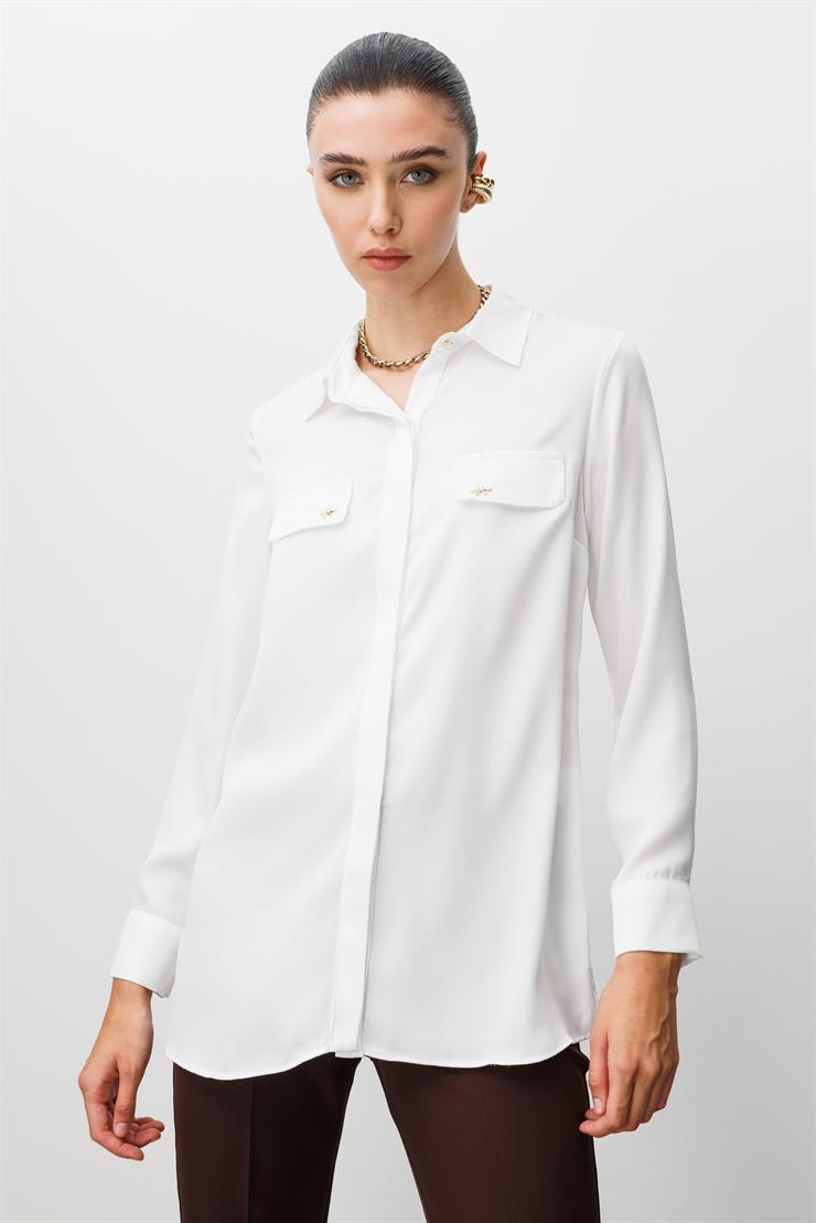 Modailgi  Cep Kapaklı Kolları Apoletli Saten Gömlek Ekru