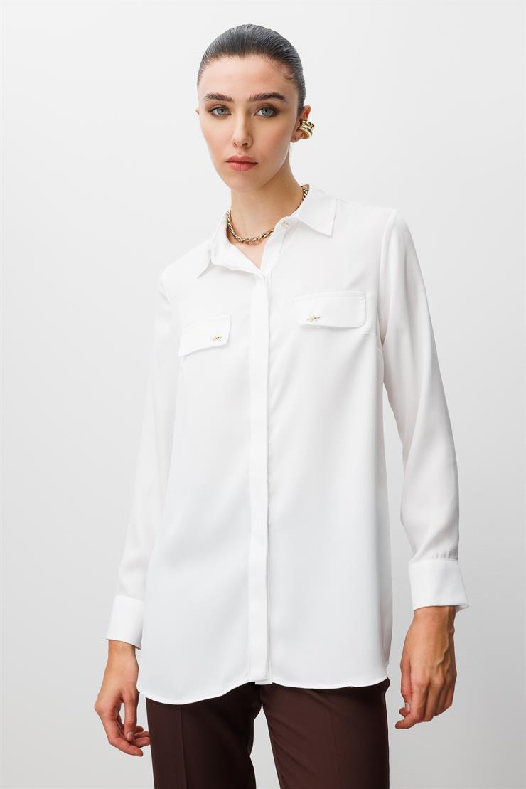 Modailgi  Cep Kapaklı Kolları Apoletli Saten Gömlek Ekru