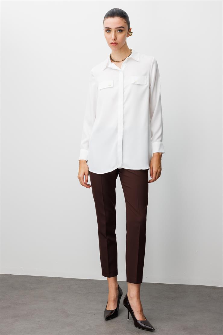 Modailgi  Cep Kapaklı Kolları Apoletli Saten Gömlek Ekru