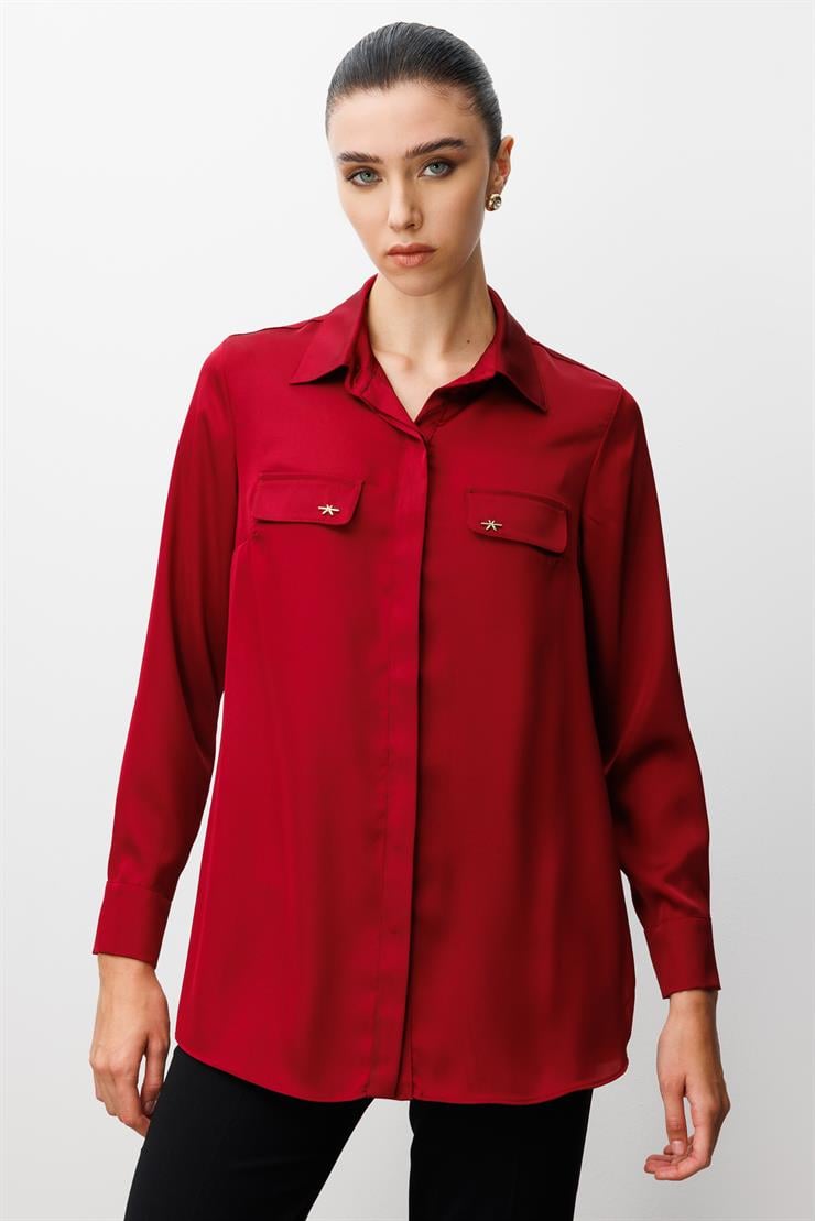 Modailgi  Cep Kapaklı Kolları Apoletli Saten Gömlek Bordo