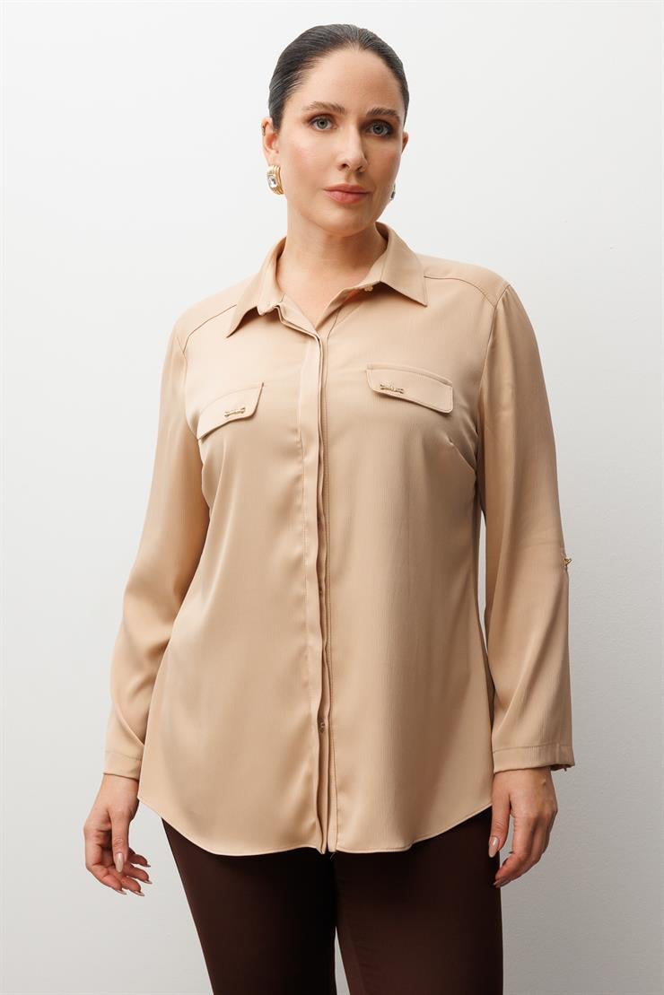 Modailgi  Cep Kapaklı Kolları Apoletli Saten Gömlek Camel