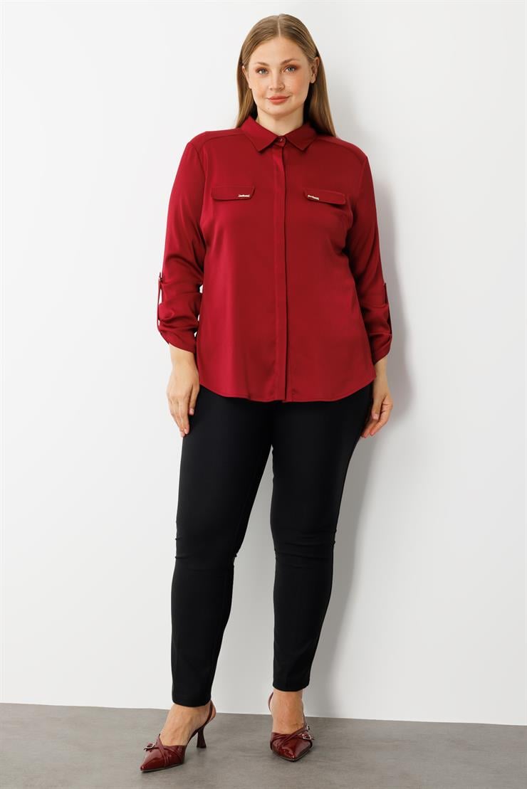 Modailgi  Cep Kapaklı Kolları Apoletli Saten Gömlek Bordo