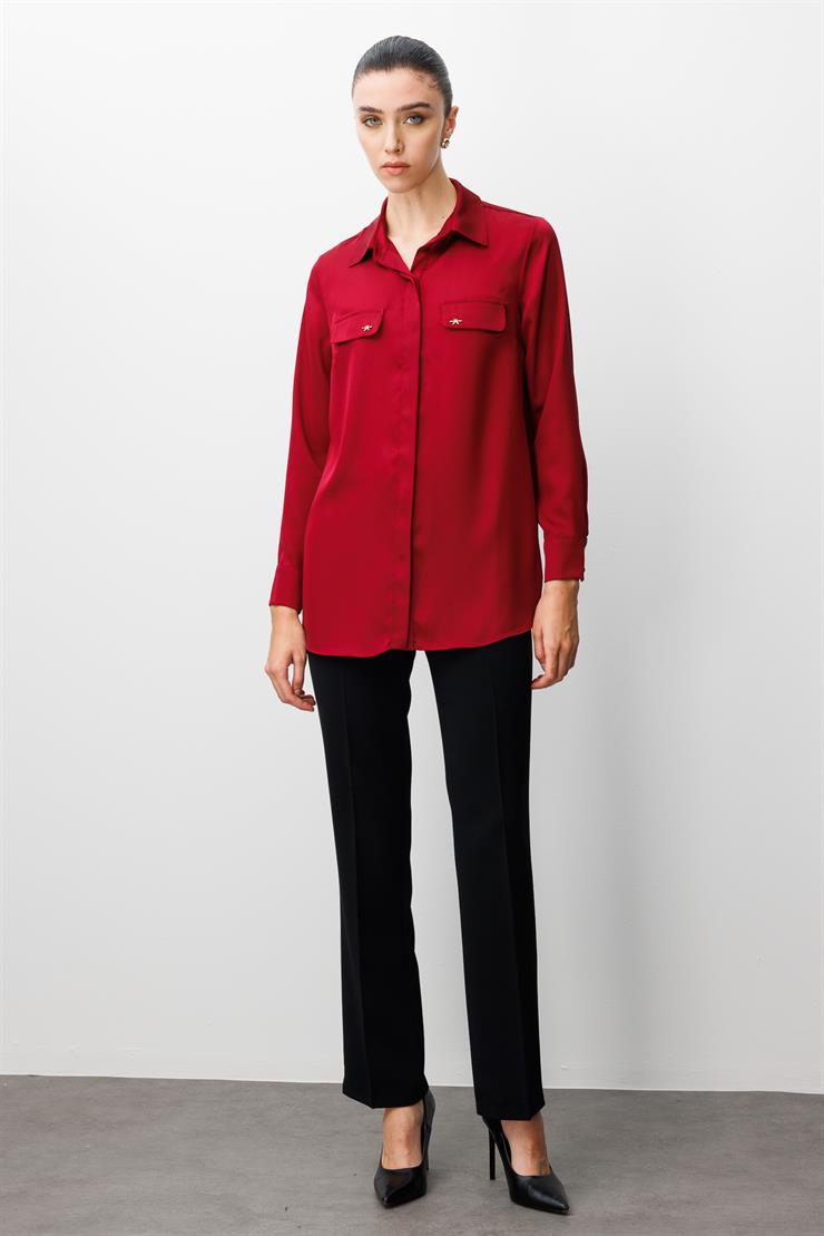 Modailgi  Cep Kapaklı Kolları Apoletli Saten Gömlek Bordo