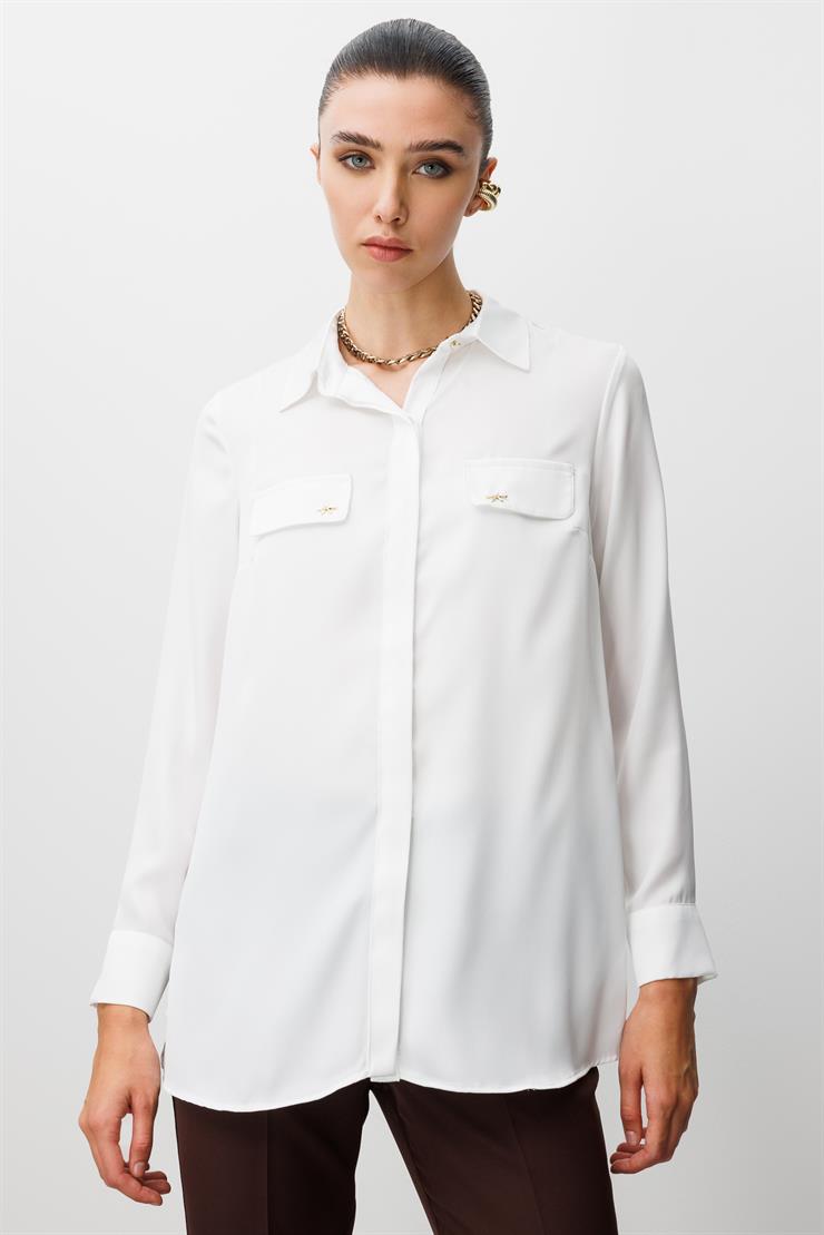 Modailgi  Cep Kapaklı Kolları Apoletli Saten Gömlek Ekru