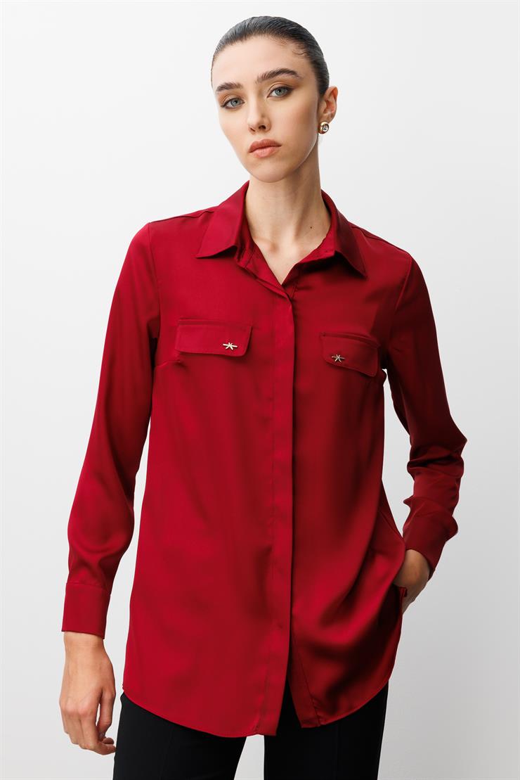 Modailgi  Cep Kapaklı Kolları Apoletli Saten Gömlek Bordo