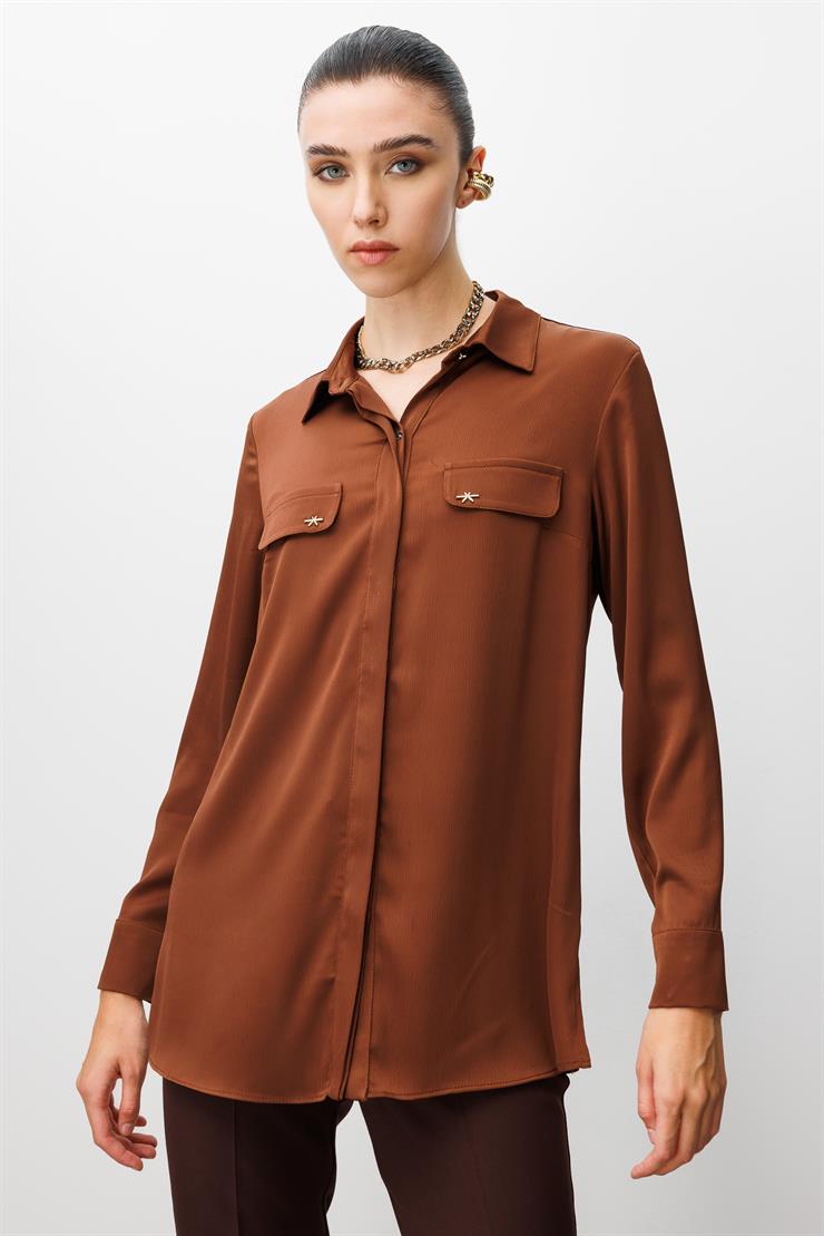 Modailgi  Cep Kapaklı Kolları Apoletli Saten Gömlek Kahve