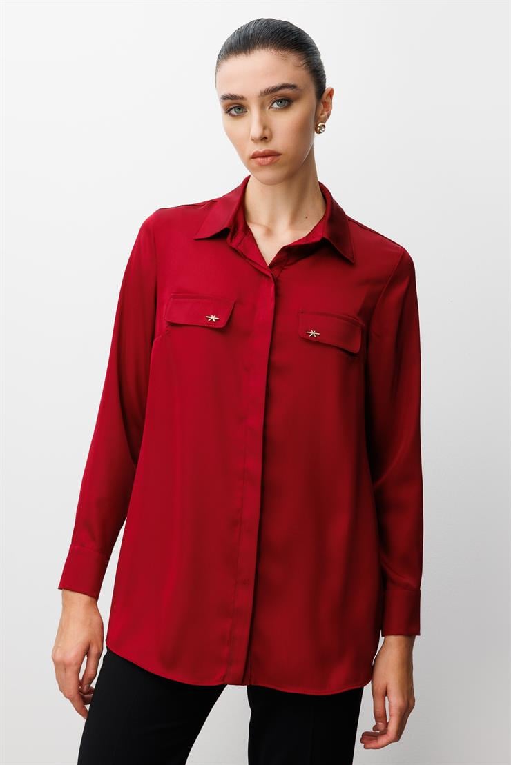 Modailgi  Cep Kapaklı Kolları Apoletli Saten Gömlek Bordo