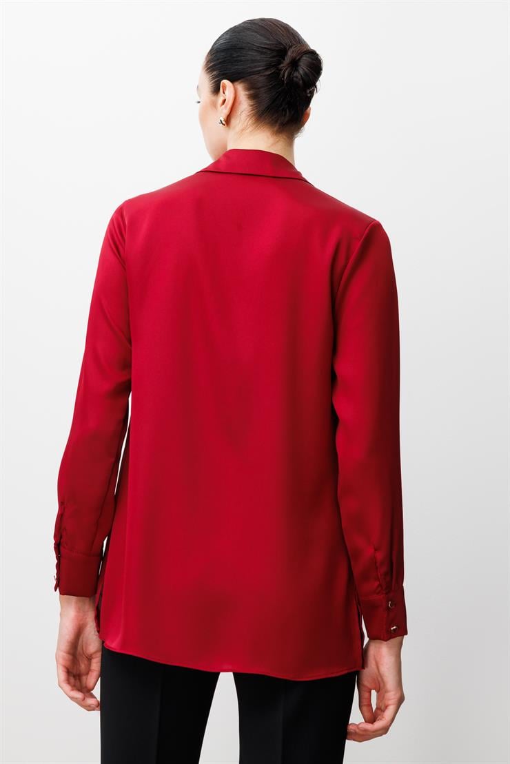 Modailgi  Cep Kapaklı Kolları Apoletli Saten Gömlek Bordo