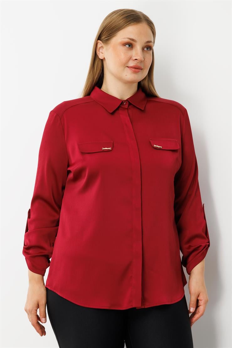 Modailgi  Cep Kapaklı Kolları Apoletli Saten Gömlek Bordo