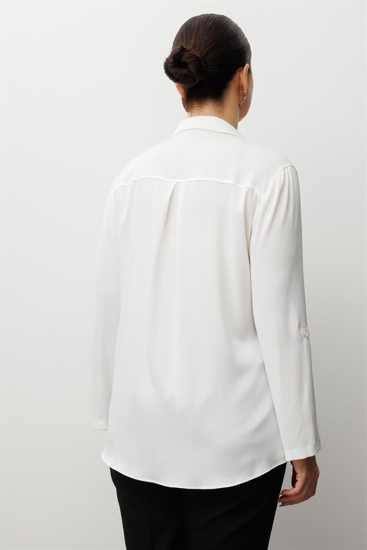 Modailgi  Cep Kapaklı Kolları Apoletli Saten Gömlek Ekru