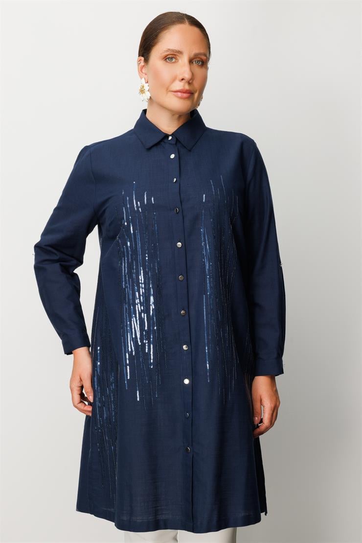 Modailgi  Cep Kapaklı Pul Nakış Detaylı Tunik Lacivert