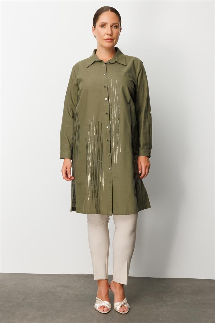 Modailgi  Cep Kapaklı Pul Nakış Detaylı Tunik Haki