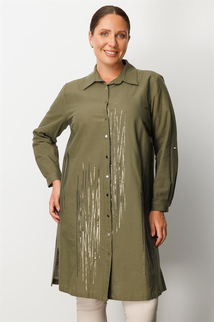 Modailgi  Cep Kapaklı Pul Nakış Detaylı Tunik Haki