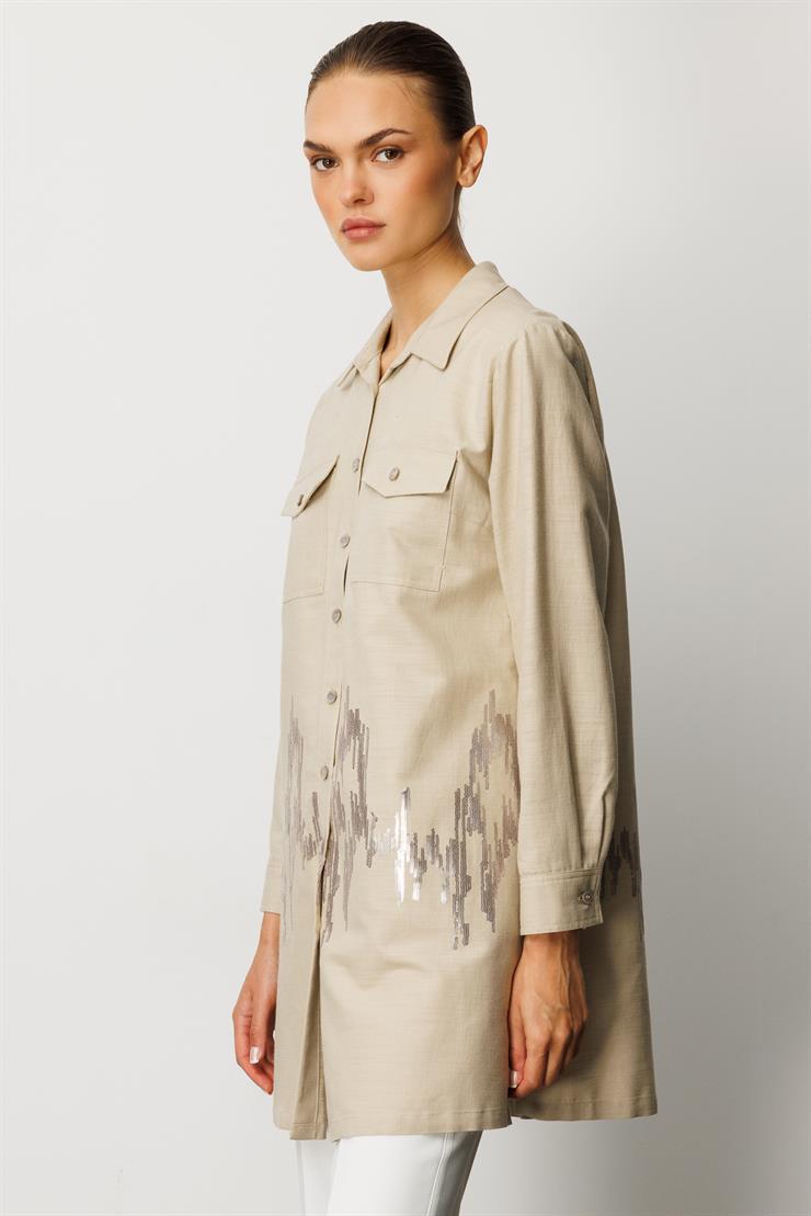 Modailgi  Cep Kapaklı Pul Nakış Detaylı Tunik Vizon