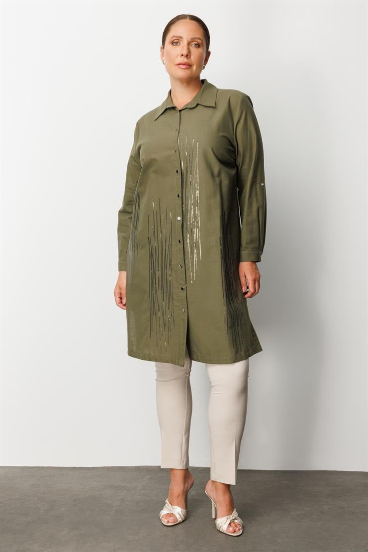 Modailgi  Cep Kapaklı Pul Nakış Detaylı Tunik Haki