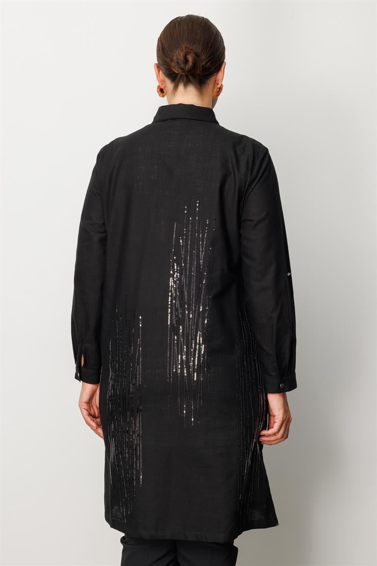 Modailgi  Cep Kapaklı Pul Nakış Detaylı Tunik Siyah