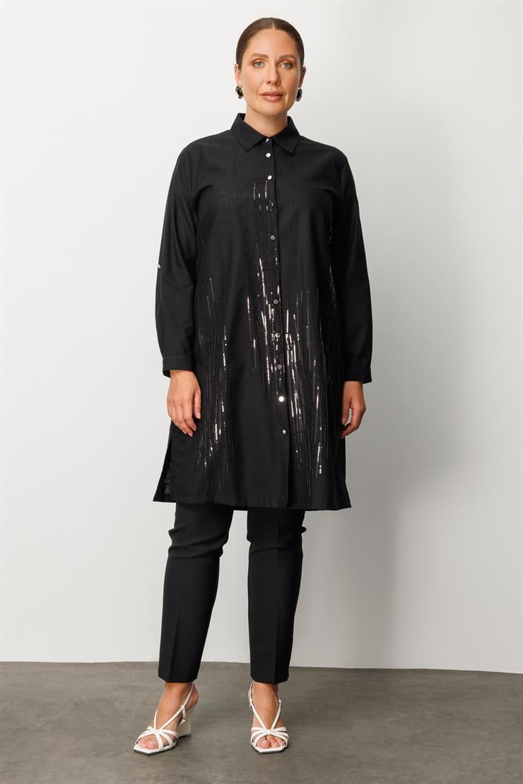 Modailgi  Cep Kapaklı Pul Nakış Detaylı Tunik Siyah