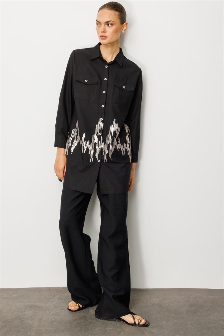 Modailgi  Cep Kapaklı Pul Nakış Detaylı Tunik Siyah