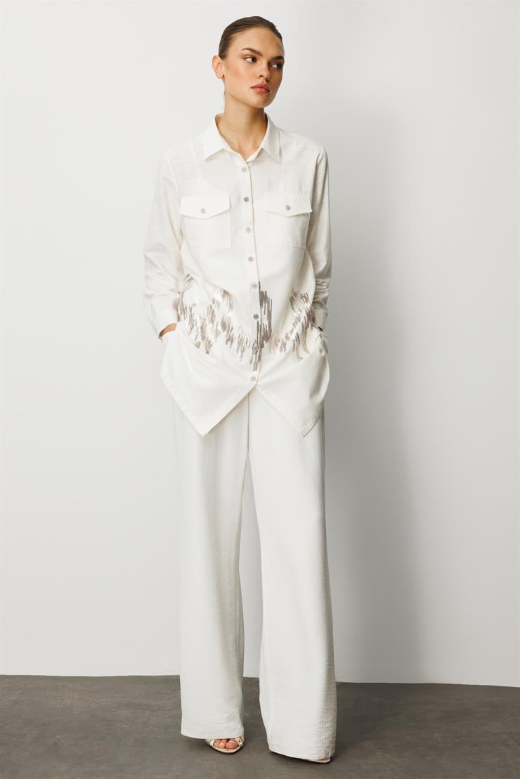 Modailgi  Cep Kapaklı Pul Nakış Detaylı Tunik Ekru