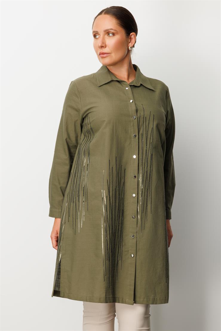 Modailgi  Cep Kapaklı Pul Nakış Detaylı Tunik Haki