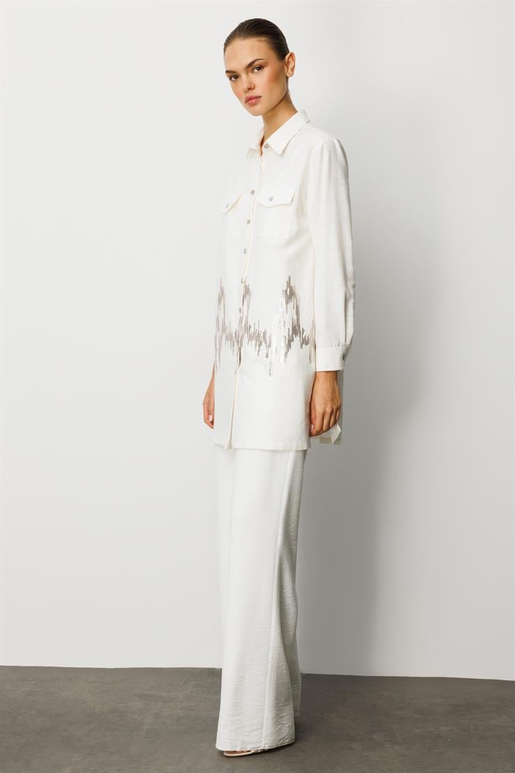 Modailgi  Cep Kapaklı Pul Nakış Detaylı Tunik Ekru