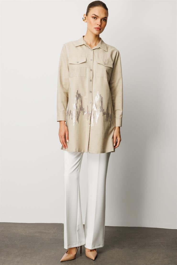 Modailgi  Cep Kapaklı Pul Nakış Detaylı Tunik Vizon