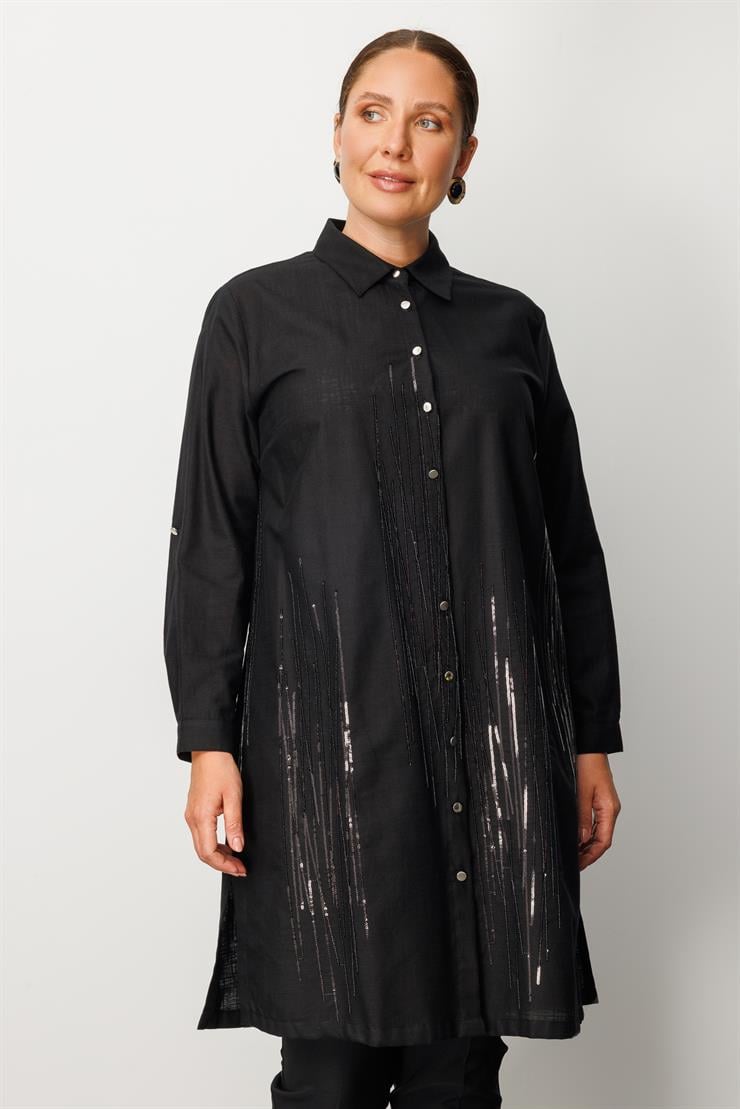 Modailgi  Cep Kapaklı Pul Nakış Detaylı Tunik Siyah