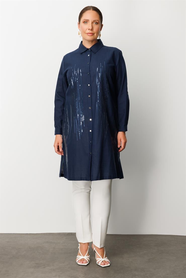 Modailgi  Cep Kapaklı Pul Nakış Detaylı Tunik Lacivert