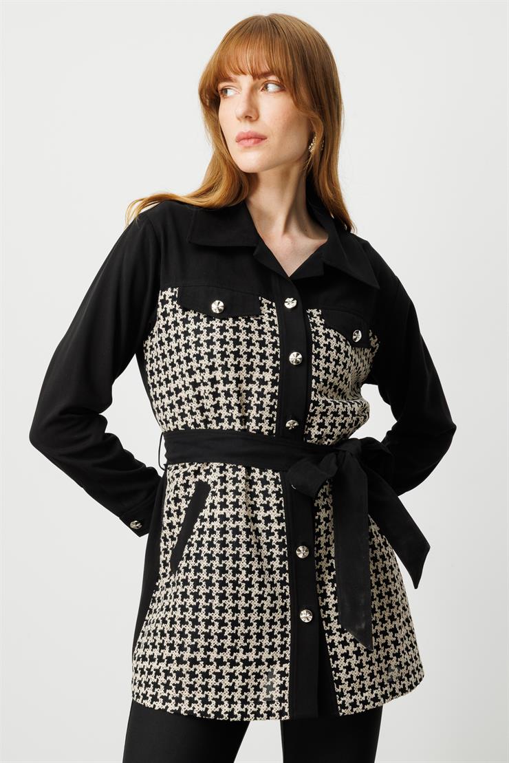 Modailgi  Cep Kapaklı Takma Kollu Kazayağı Desenli Tunik Siyah