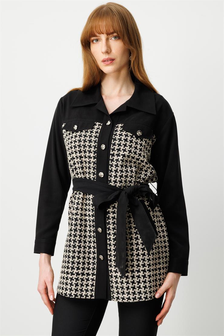 Modailgi  Cep Kapaklı Takma Kollu Kazayağı Desenli Tunik Siyah