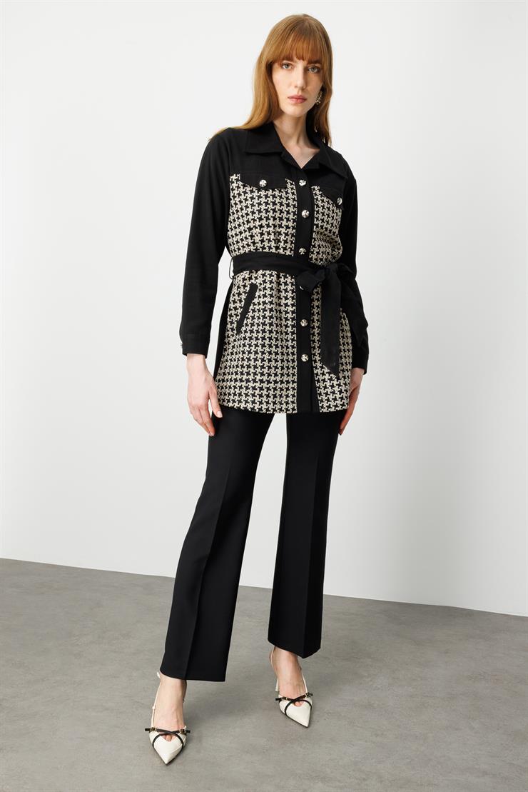 Modailgi  Cep Kapaklı Takma Kollu Kazayağı Desenli Tunik Siyah