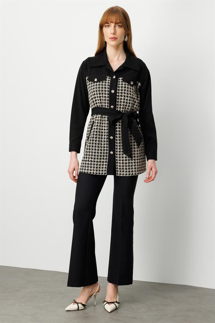 Modailgi  Cep Kapaklı Takma Kollu Kazayağı Desenli Tunik Siyah