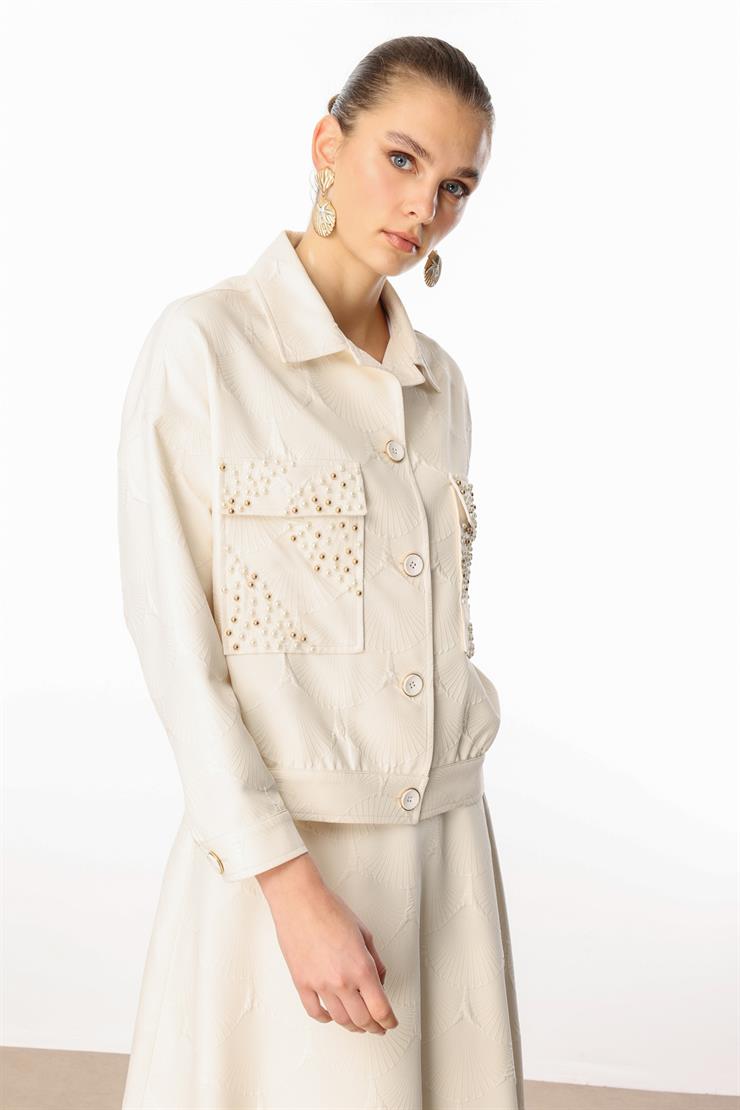 Modailgi  Cepleri İnci Detaylı Oversize Kısa Mont Taş