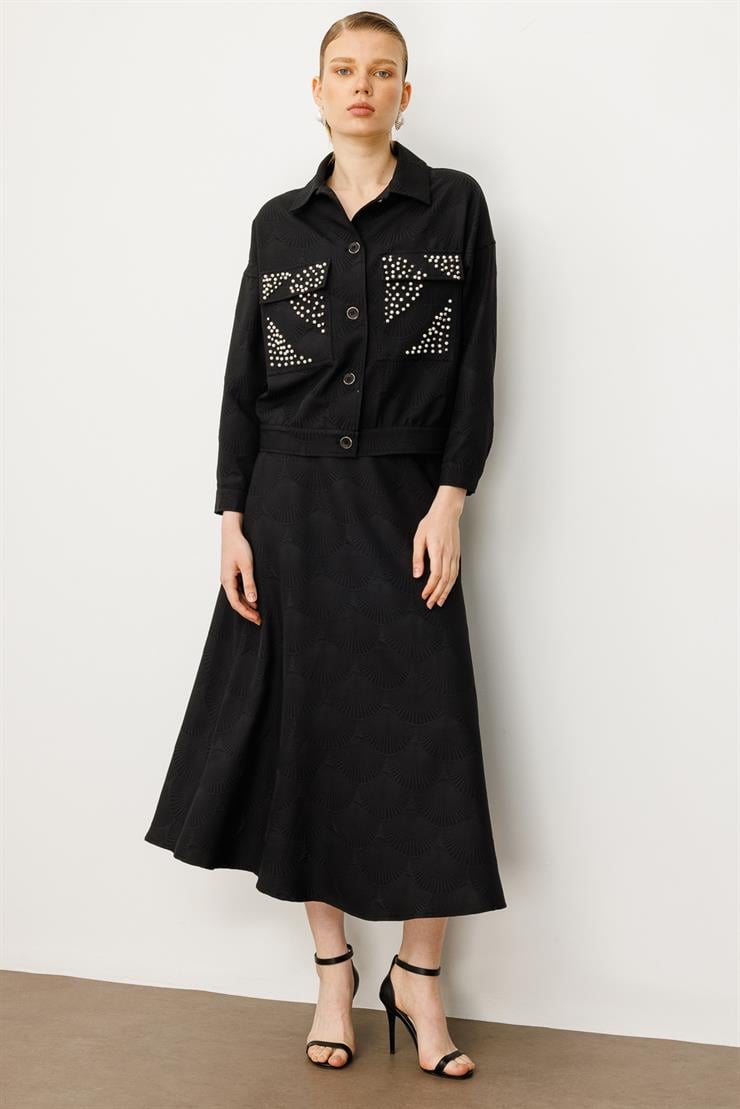 Modailgi  Cepleri İnci Detaylı Oversize Kısa Mont Siyah