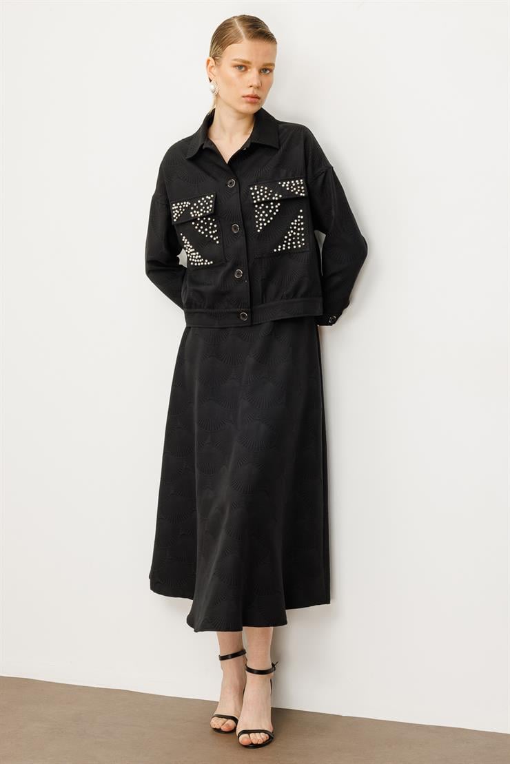 Modailgi  Cepleri İnci Detaylı Oversize Kısa Mont Siyah