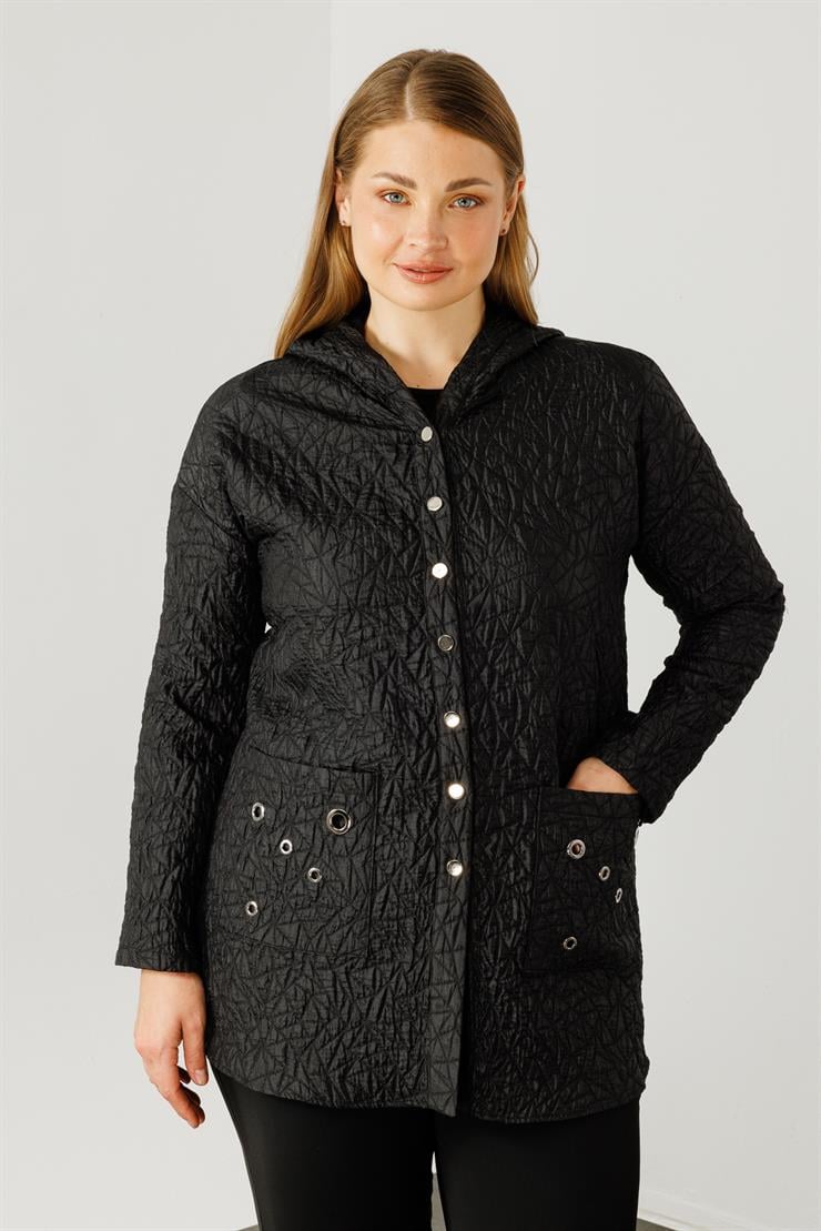 Modailgi  Cepleri Kuşgözü Detaylı Kapüşonlu Kapitone Tunik Siyah