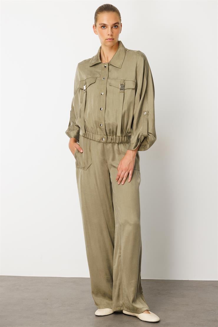 Modailgi  Cepleri Metal Aksesuarlı Beli Lastikli Gömlek - 40039 Haki