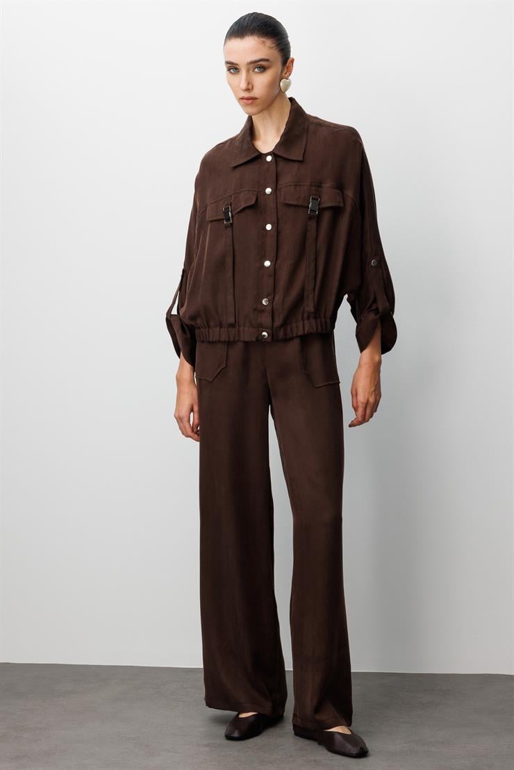 Modailgi  Cepleri Metal Aksesuarlı Beli Lastikli Gömlek - 40039 Kahve