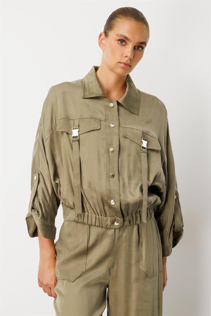 Modailgi  Cepleri Metal Aksesuarlı Beli Lastikli Gömlek - 40039 Haki