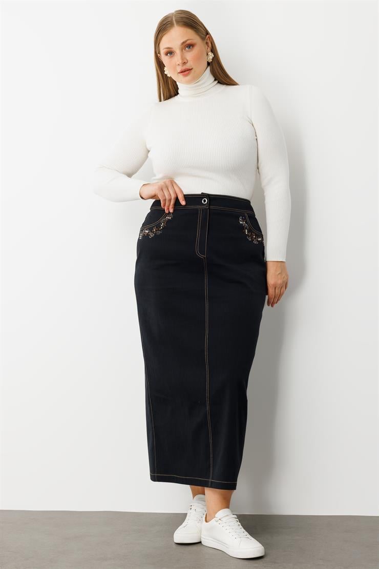 Modailgi  Cepleri Taş Detaylı Uzun Denim Etek - 60003 Lacivert