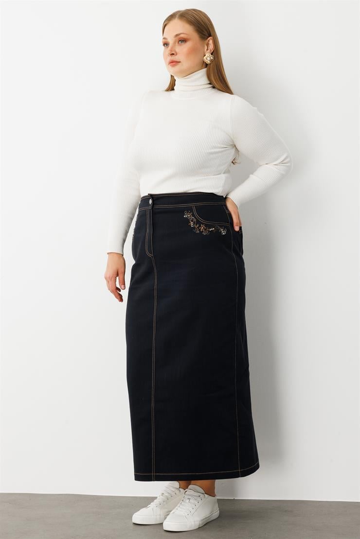 Modailgi  Cepleri Taş Detaylı Uzun Denim Etek - 60003 Lacivert