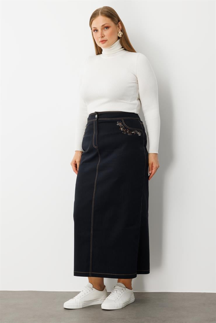 Modailgi  Cepleri Taş Detaylı Uzun Denim Etek - 60003 Lacivert