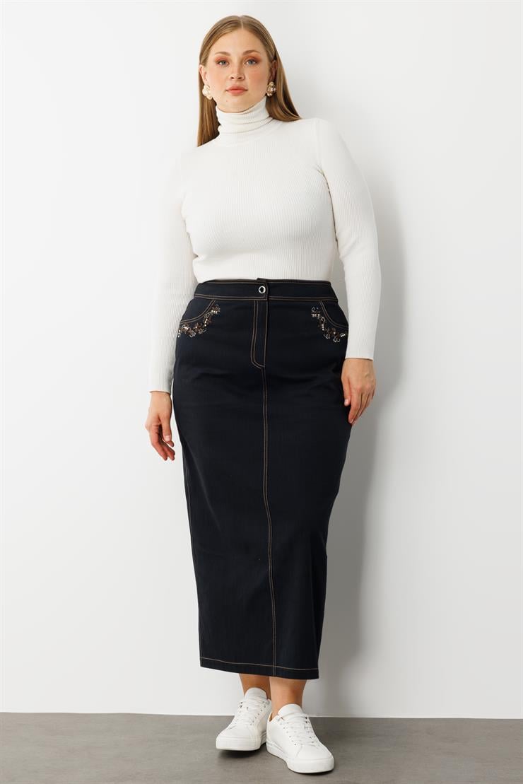 Modailgi  Cepleri Taş Detaylı Uzun Denim Etek - 60003 Lacivert