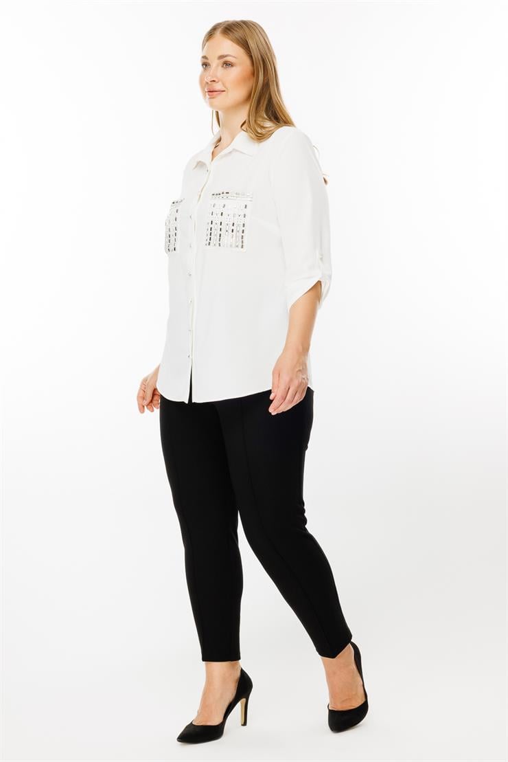 Modailgi  Cepleri Taşlı Gömlek Ekru