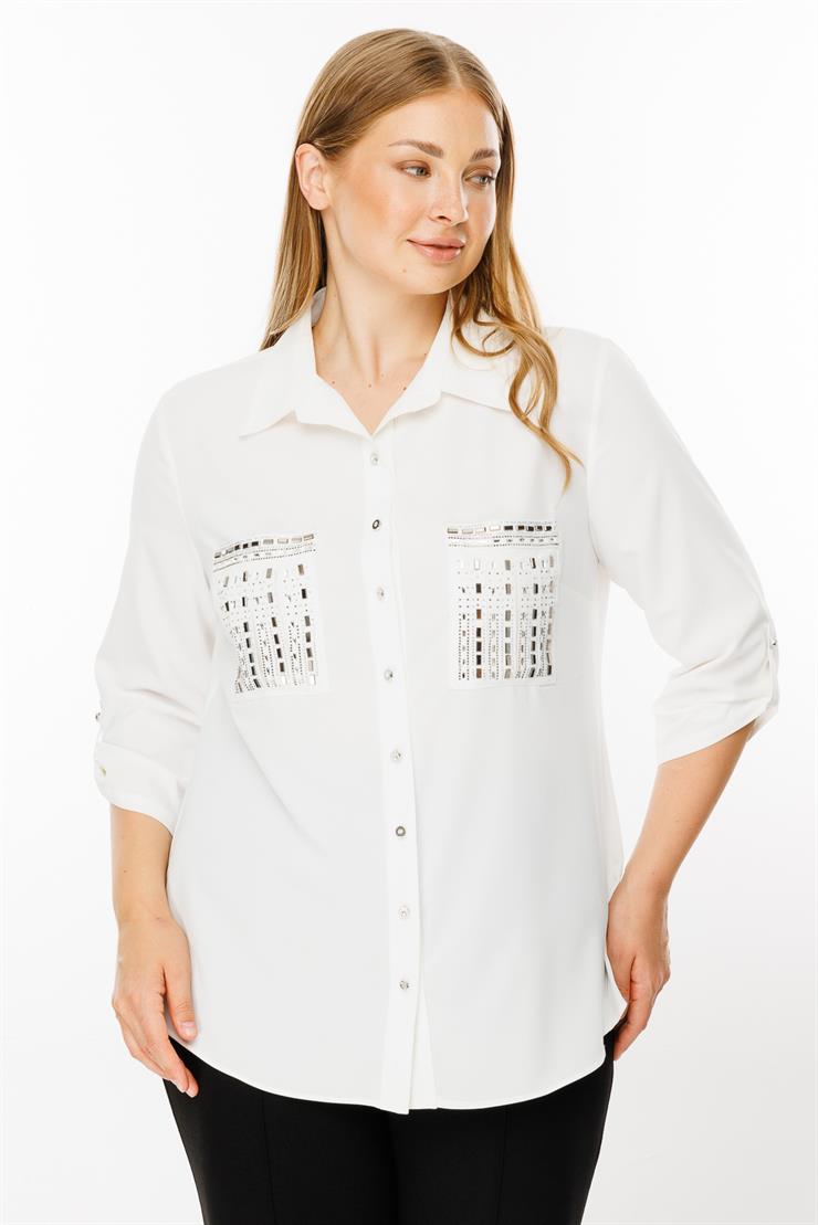 Modailgi  Cepleri Taşlı Gömlek Ekru